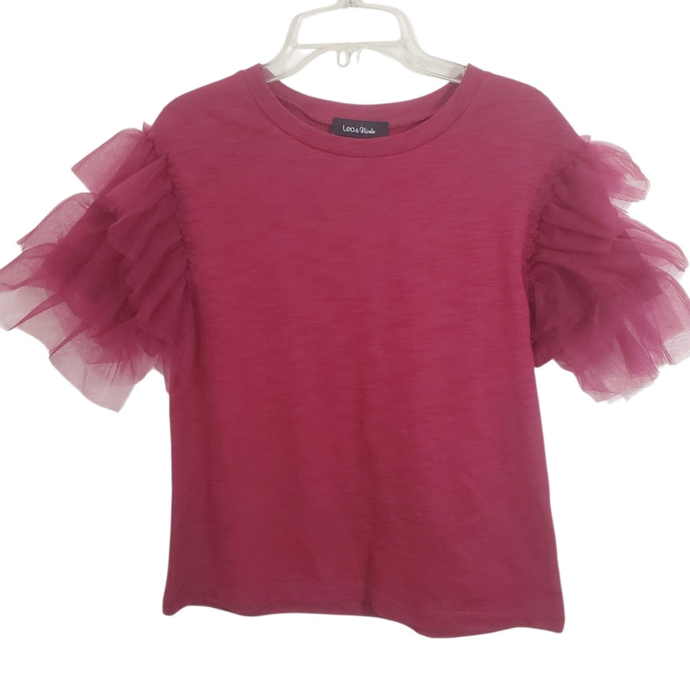 NWT Anthropologie Lea & Violet Tulle Tiered Ruffle Sleeve Top XS Pink Feminine